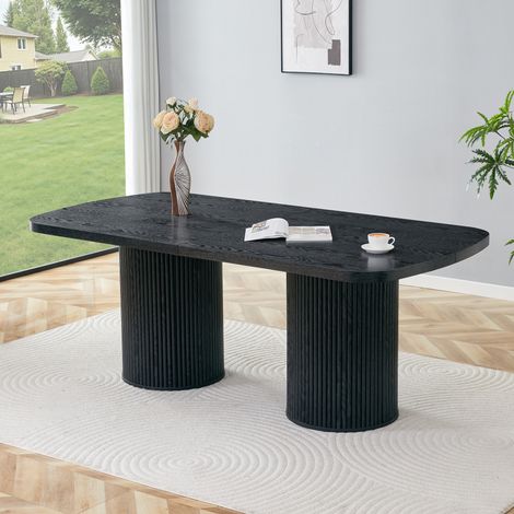 Table de salle à manger ovale moderne en MDF bois naturel, pied central cannelé, style Wabi-Sabi & Mid-Century, pour cuisine et salon (1/4)