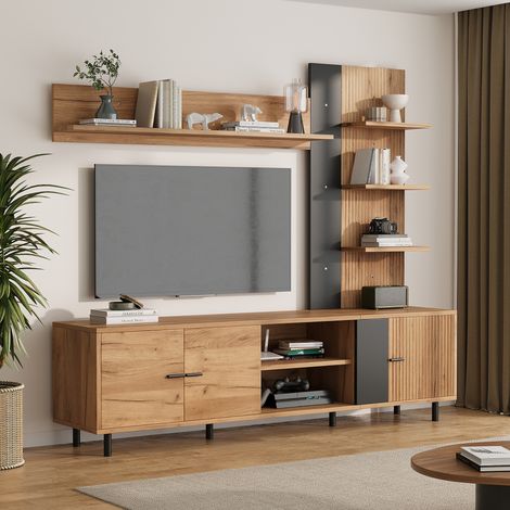 Meuble TV 187,5x40x167 cm bois et noir en panneaux de particules avec grands rangements (1/5)