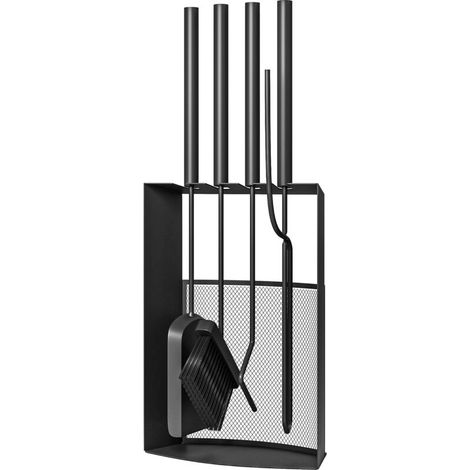 Serviteur de cheminée Ensemble de ramoneur en métal 5 pièces, comprenant balai, pelle, machine à poker, pince et support 28 x 13 x 59,5 cm, noir (1/5)
