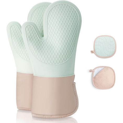 Ofenhandschuhe, Set mit 4 Küchenhandschuhen und Topflappen, rutschfest, hitzebeständig bis 350 °C, aus weicher Baumwolle, lang und flexibel, aus dickem Silikon zum Kochen von Gebäck, grün
