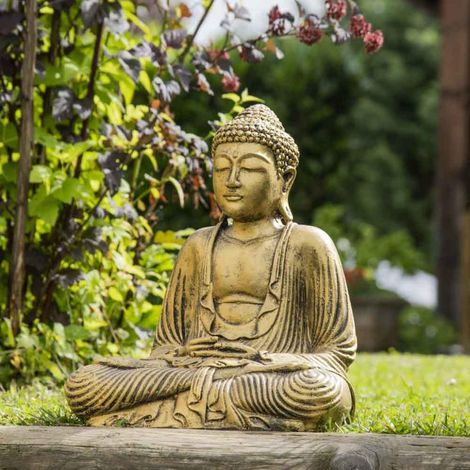 Wanda Collection – Statue bouddha assis doré 42 cm – Décoration zen pour intérieur et jardin – Résine robuste – Ambiance apaisante autour d'un bassin (1/5)