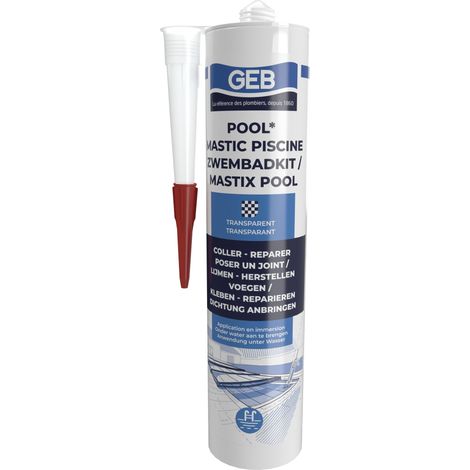 Mastic étanche spécial piscine Transparent 290 ml pour coller, jointoyer et réparer même sous l'eau des éléments de piscine, carrelage, mosaïque, margelle, projecteur, bonde (1/5)