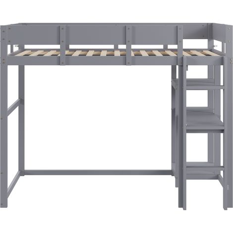 Lit mezzanine 90x200 en bois de pin massif, lit mezzanine avec étagère, avec sommier à lattes, lit pour enfant et adolescent Gris (1/5)