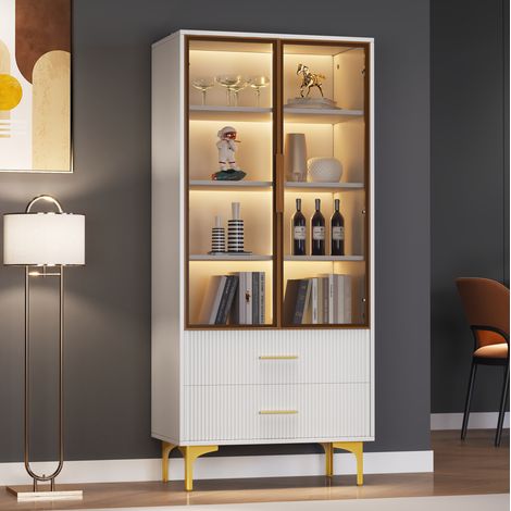 MEUBLIV Vitrine en verre blanche 70x35x150 cm – 2 portes, LED avec application, 2 tiroirs (1/5)