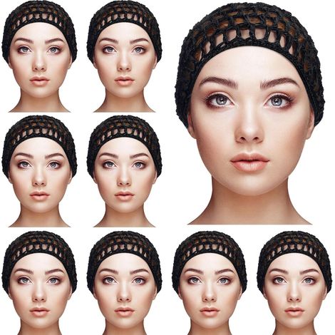 Lot de 9 filets à cheveux tricotés – Maille rayonne – Bonnet-foulard court épais – Accessoire de nuit – Femme (Noir) (1/4)