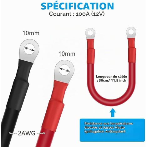 Câble de Batterie Voiture, 30cm 35mm² 2AWG 12V Câble Onduleur de Batterie avec M10 Cosses à œilletsCosses à œillets, Fil de Cuivre pour Auto Moto Camping-Car Marine Solaire (1/4)