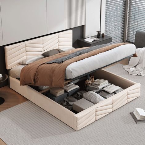 Lit double tête ajustable-Sommier lattes bois-Velours hollandais beige-145.5x190x90-95(cm)-Sans Matelas (1/5)