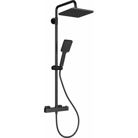 Colonne de douche thermostatique sorties haut/bas – Sécurité 38°C anti‑brûlure – Pommeau pluie carré 25 cm – Douchette 3 jets – Barre réglable – Noir mat – Square top and bottom water outlet