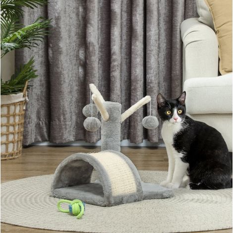 Albero tiragraffi per gatti 40 cm con cuccia, 2 palline e tappetino graffiante, grigio chiaro (1/5)