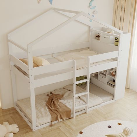 Letto a castello 90/200 cm bianco di legno massello e MDF con vani contenitore integrati (1/5)