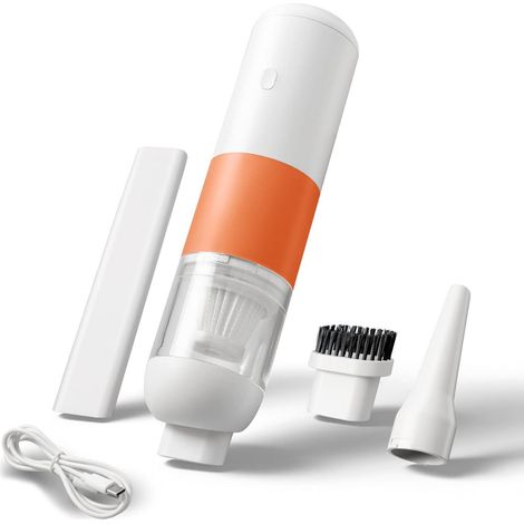 Petit aspirateur portatif sans fil, mini aspirateur puissant à 2 vitesses pour voiture, maison, bureau et poils d'animaux (blanc et orange) (1/5)