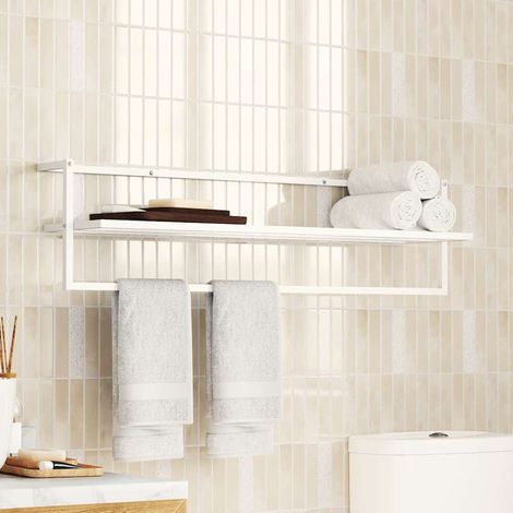 Porte-serviettes mural avec étagère – Support serviette salle de bain en fer blanc 95 x 25 x 22 cm – Rangement mural (1/5)
