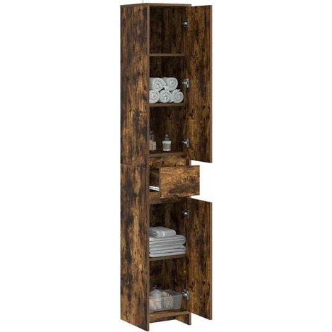 Armoire de Salle de Bain en Chêne Fumé, 30 x 33 x 190 cm, Meuble de Rangement Vertical avec Étagères, Design Moderne et Élégant pour WC ou Entrée (1/5)