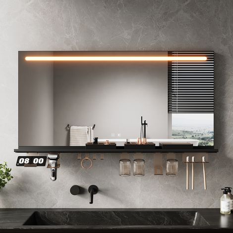 SIRHONA Anti-Fog Mirror lumineux de salle de bain with avec support de rangement, réglable en 3 couleurs, bouton de commutation tactile, 120x60cm