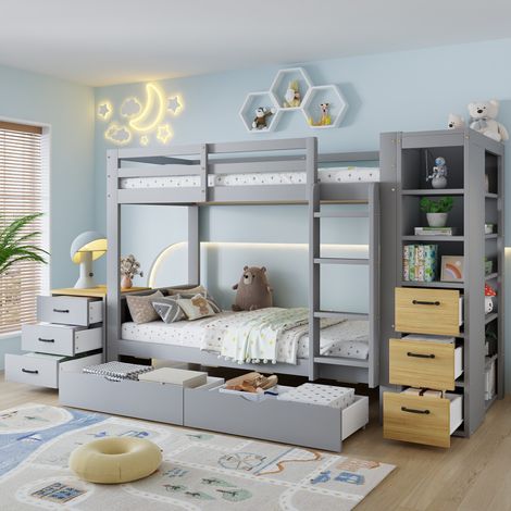Lit superposé 90x200 cm avec sommiers à lattes enfant - Lit de rangement avec 2 tiroirs de lit étagère latérale et table de chevet mobile en bois massif - Gris clair et naturel (1/5)