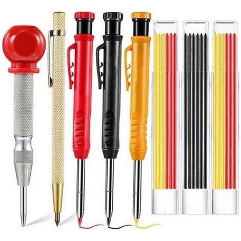 Mechanical Carpenter's Pencil Set with Center Punch, Deep Hole Solid Wood Pencils with Carbide Point and Built-in Sharpener, 18 Refills, Gray Red H427