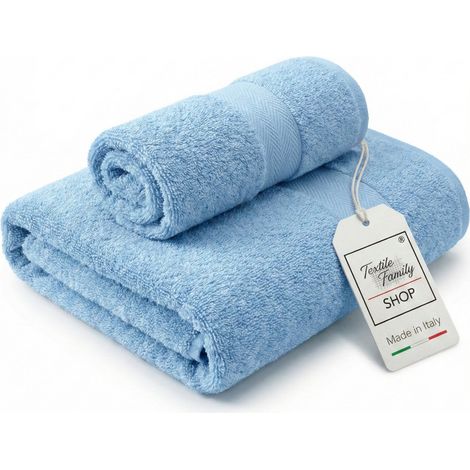 Coppia Asciugamani Viso e Ospite Celeste - Spugna 100% Cotone 450 g/m² Made in Italy