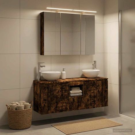 Ensemble meuble salle de bain 4 pièces en chêne fumé avec 2 lavabos, armoire murale et miroir LED, rangement moderne en bois d'ingénierie (1/5)