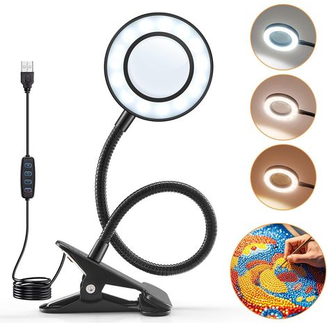 Lupa con clip de 10 aumentos, flexible de 360° con luz, 3 colores, para oficina, estudio, lectura, aficiones y manualidades.