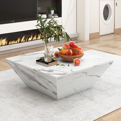 Tavolino Tamburo 70x70x37 cm, Design Trapezoidale Marmo Bianco, Moderno per Soggiorno (1/5)