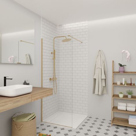 Swiss Aqua Technologies Mampara Walk-in 80x200cm 8 mm antical Crystal Glass®, con brazos y perfiles de latón (SATBWI80PRMO)