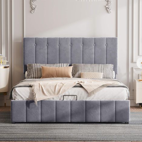 Lit coffre 140x200 cm gris, lit double rembourré en velours avec tête de lit réglable, sommier à lattes inclus, rangement hydraulique, sans matelas (1/5)