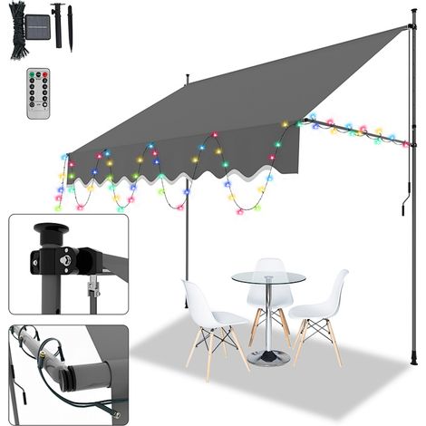 Wolketon Klemmmarkise mit LED 250x120cm Balkonmarkise, UV-beständig 50+ höhenverstellbar Sonnenschutz ohne Bohren für Terrasse und Balkon Grau