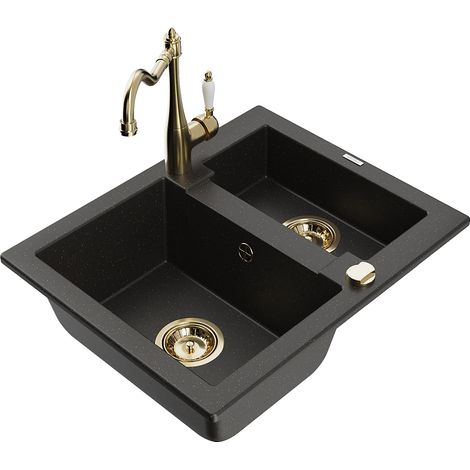 Mexen Carlos granitspüle mit 1,5 Becken und Küchenarmatur Carla, schwarz/gold Metallic - 6518-75-670700-50 (1/5)