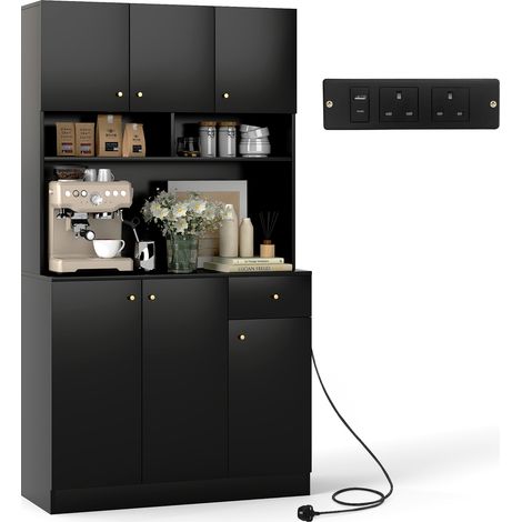 COSTWAY 180cm Tall Pantry Cabinet Kitchen Cabinet Freestanding Buffet Cupboard-Black (1/5)