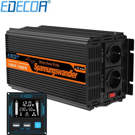 Edecoa – Convertisseur de tension 12V 230V 1500W – Pur sinus avec télécommande – 2 prises EU et 2 ports USB – Isolation galvanique