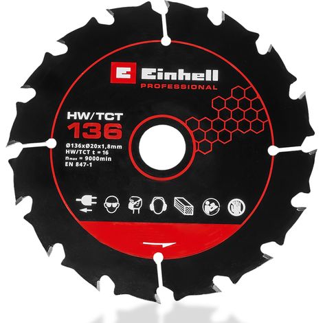 Original Einhell Kreissägeblatt 136x20 (Sägen-Zubehör, Ø 136 mm, Aufnahme 20 mm, 16 Zähne, Wechselzahn, Schnittbreite 1,8 mm, hartmetallbestückt, für Akku-Handkreissägen) (1/2)