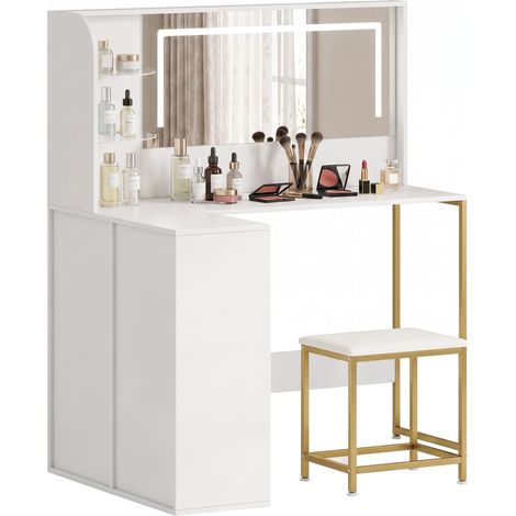 Coiffeuse avec miroir LED réglable et tabouret, blanche, pratique et facile à utiliser (1/5)