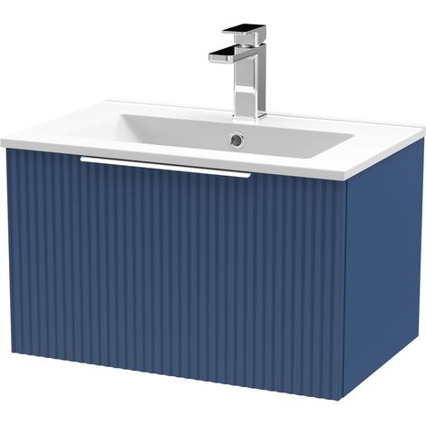 Tixall Fluted 1 Drawer Wall Hung Vanity Unit with Minimalist Basin, Satin Blue, 600mm