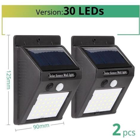 Lampadaire Extérieur - Solaire - Détecteur De Mouvement PIR - IP65 - 30 LED - Noir - 2 Pièces