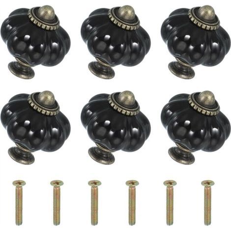 Six boutons en céramique noire, de 3,3 x 3,3 x 3,8 cm chacun, avec vis. Boutons et poignées de tiroir en céramique en forme de citrouille. (1/4)