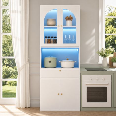 Armoire de rangement haute avec vitrine en verre et LED RGB, 70 x 35 x 180 cm, blanche HAVRYA (1/5)