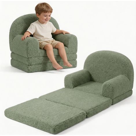 Fauteuil enfant 2 en 1 assise et allongé, pliable peluche teddy, housse amovible, couleur verte