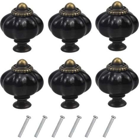 (Noir) Lot de 6 poignées de meubles vintage en forme de citrouille, boutons de tiroir avec vis pour armoires de cuisine, commodes et penderies (1/4)