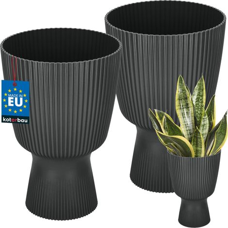 KOTARBAU® Lot de 2 Pot de Fleur  Ø 18 cm - Pot de Fleur Interieur - PVC - Pot de Fleur Exterieur - Pot pour Plante avec Socle - Nervuré - Forme de Coupe - H: 27 cm - Noir (1/4)
