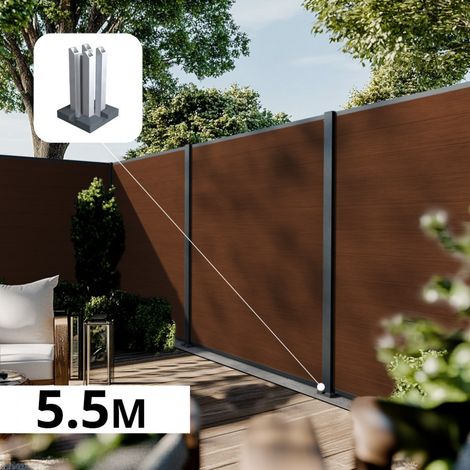 Kit Clôture Composite sur Muret CRUZ Ipé 5,55x1,8m - Bois composite & Aluminium - Poteaux sur Platines Gris Anthracite - Brise vue