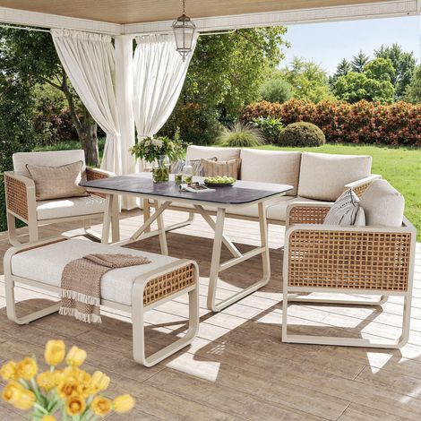 Salon de jardin, Canapé jardin avec coussins lavables,7 Places,Avec table d'appoint,Pieds réglables pour terrasse/balcon/jardin, Beige (1/5)