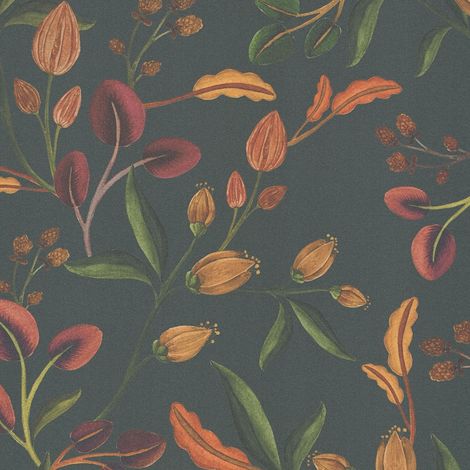 Papier peint floral Profhome 782112 papier peint intissé gaufré à chaud lisse avec des ornements floraux mat anthracite vert orange rouge vin 5,33 m2