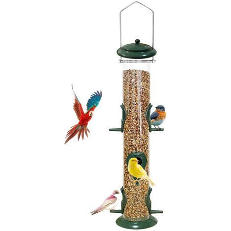 1 mangeoire à oiseaux en métal avec 6 ports d'alimentation, mangeoire à oiseaux en tube avec crochet en acier, mangeoire à oiseaux sauvages en plastique dur pour suspendre à l'extérieur, (1/4)