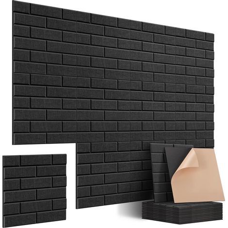 Lot de 12 panneaux insonorisants autocollants en forme de brique, panneaux acoustiques 3D haute densité pour porte, plafond, mur, studio, chambre à coucher, bureau (noir) 30,5 x 30,5 x 1 cm (1/5)