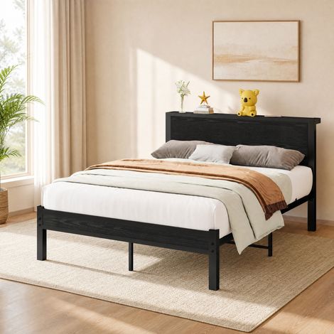 Cama 140x200 cm de MDF y metal negro con cabecero con almacenaje, sin colchón - CHICFURN (1/5)