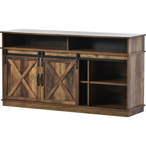 Meuble TV avec portes coulissantes style ferme, 148x40x78 cm, étagères réglables, capacité 100 kg, couleur marron rustique (1/5)