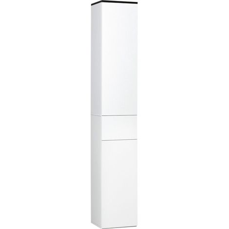 Meuble de salle de bain avec étagère réglable, 2 étagères fermées et un tiroir en bois, 30 x 28 x 180 cm, blanc (1/5)
