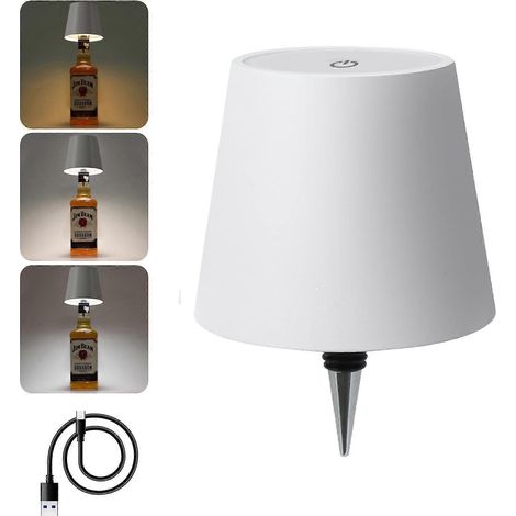 Kabellose LED-Flaschenlampe, wiederaufladbar, per Touch dimmbar, 3 Farben, Metall, für Wein-, Spirituosen- und Bardekoration
