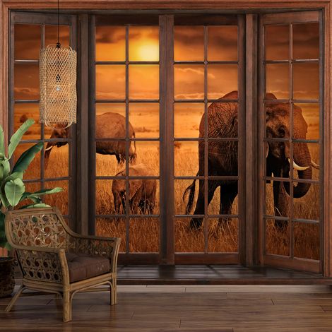 Papier peint panoramique Trompe l'oeil Fenêtre en bois - Éléphants - 195 cm x 156 cm (1/5)