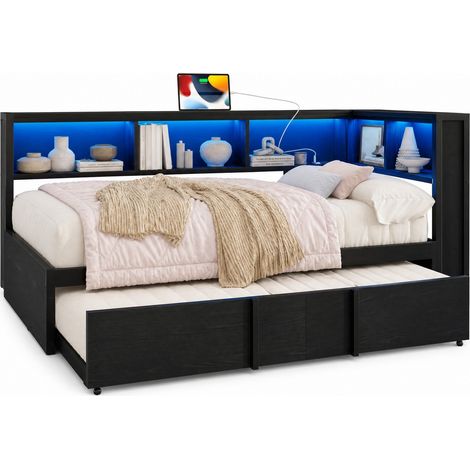 Lit de jour 90 x 200 cm en métal noir avec lit gigogne, 5 rangements, LED, prises et USB, design gain de place pour chambre et invités  CHICFURN (1/5)
